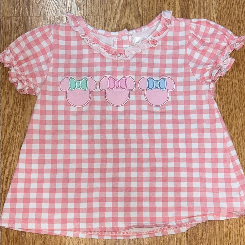 Cecil and Lou Charming Pink Checkered Kids Tee with Minnie Mouse Design